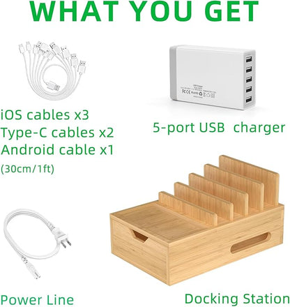 Bamboo Charging Station for Multiple Devices, Desktop Charger Organizer with Tray& Drawer, Wooden Docking Station for Smart Devices, Cell Phone, Tablet,Watch (Include 6 Cables, 5 Port USB Charger)