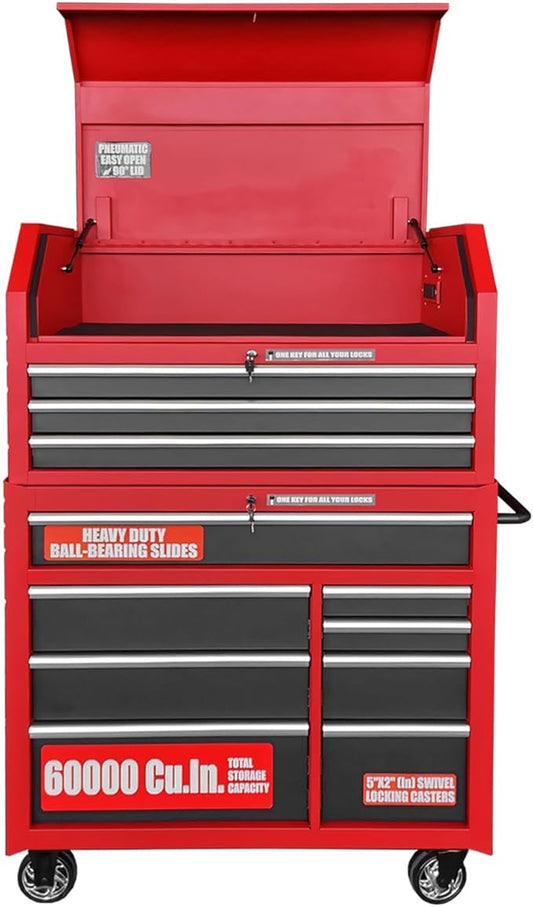 41-Inch Heavy-Duty Rolling Tool Chest Set - GSTANDARD 11-Drawer Steel Storage Cabinet for Garage, Warehouse & Workshop (Black/Red)