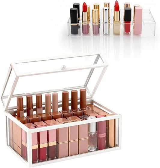 40 Lipsticks Organizer with Lid, Glass Display Box Fits Large Perfume & Skincare, Easy-Access Organiser for Vanity Countertop, Multifunctional Display Box in Any Rooms