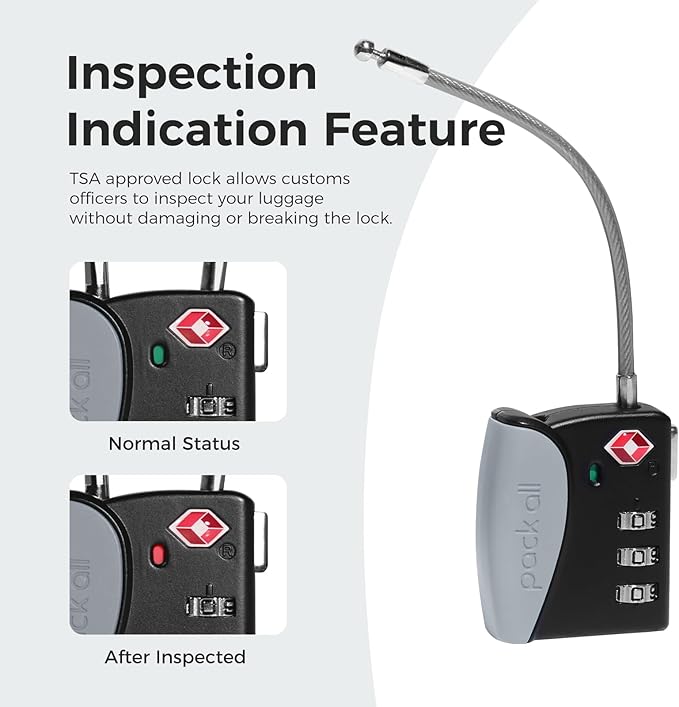 pack all TSA Approved Cable Luggage Locks, 3 Digit Combination Padlocks, Travel Lock for Suitcases & Bag, Alloy Body, Travel Accessories (4 Pack)（Grey）