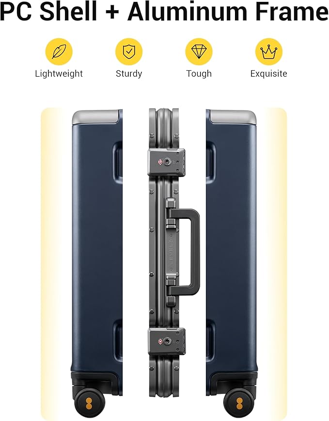 LEVEL8 Carry On Luggage Airline Approved Zipperless with Aluminum Frame, Hard Case Luggage with Spinner Wheels, Metal Travel Suitcase with Double Tsa Locks, 20 Inch, Blue