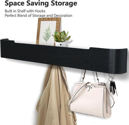 Coat Rack Wall Mount with Hidden Hooks Modern Key Holder Wood Entryway Hook with Shelf for Bedroom Kitchen Hallway Bathroom Designed for Hanging Coats Hats Bags Towels Dog Leashe(Black,8 Hooks)