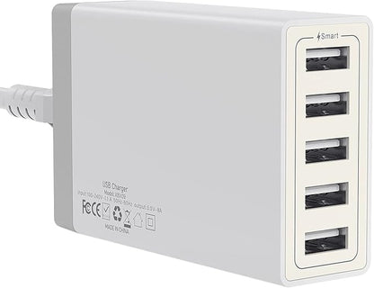 USB Wall Charger, Desktop USB Charging Station for Multiple Devices, 40W 8A, 5 Port,Travel Portable Charger for Cell Phone, Tablet