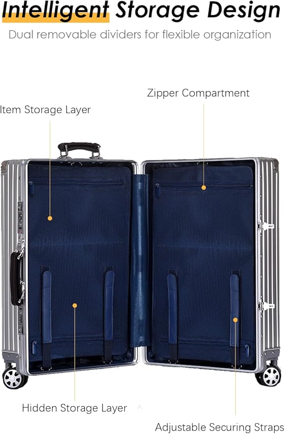 HotWay 28 Inch All Aluminum Checked in Luggage with Leather Handle, Hard Shell Zipperless Suitcase with TSA Locks and Spinner Wheels, Large Luggage for Business Travel, Gold