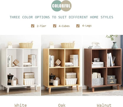 IOTXY Open Cube Low Bookcase - 2-Tier Freestanding Storage Display Cabinet Organizer with Legs for Home Office, 4-Cubes Open Shelf Short Bookshelf, White