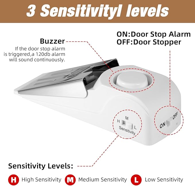 2 Pack Portable Door Lock & 120dB Travel Door Stopper Alarm, 3-Level Sensitivity Adjustable Travel Security Wedge for Hotel Home Apartment Dorm