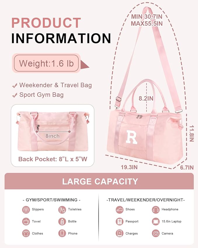 Initial Travel Duffel Bag Sports Gym Bag for Girls Teen Birthday Gifts,Pink Personalized Weekender Bag Carry On Tote Bags for Women Men,Waterproof Overnight Luggage Bag with Trolley Sleeve(Letter R)
