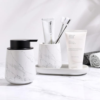 BosilunLife Bathroom Accessories Set 3 pcs - Bathroom Ceramic Foaming Soap Dispenser Set Farmhouse Marble Bathroom Decor, Foam Soap Dispenser and Toothbrush Holder/Tumbler Cup, Tray