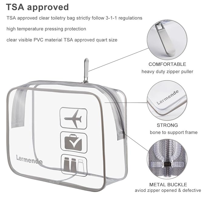 Lermende 2pcs Clear Toiletry Bag TSA Approved Travel Bag,Carry On for Travel,Airport Airline Accessories Compliant Bag,Quart Sized Makeup Cosmetic bag Women Men (Gray, 2 Pack)