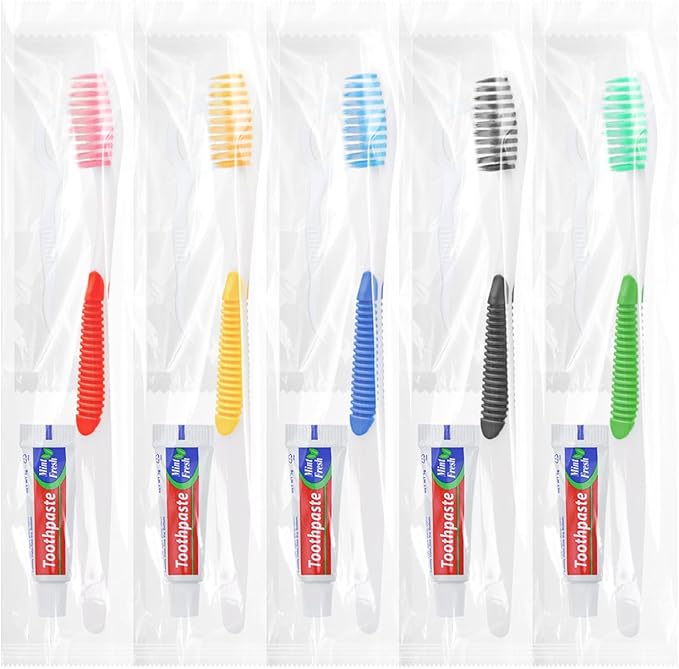 Disposable Toothbrushes with Toothpaste and Floss,30pcs Single Use Individually Wrapped Disposable Travel Toothbrushes and Dental Floss Kit Bulk for Homeless,Airbnb,Dentist,Hotel(5 Colors)