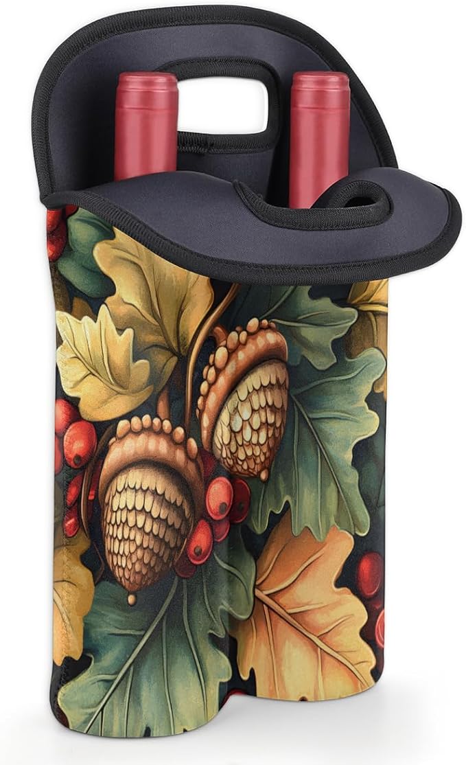 Neoprene Wine Tote, Bottle Carrier Gag Insulating Neoprene Thicker, Insulated Wine Bag for Travel Holds Two Bottles, Bottle Carrier Bags Protect the Bottles, Pinecones