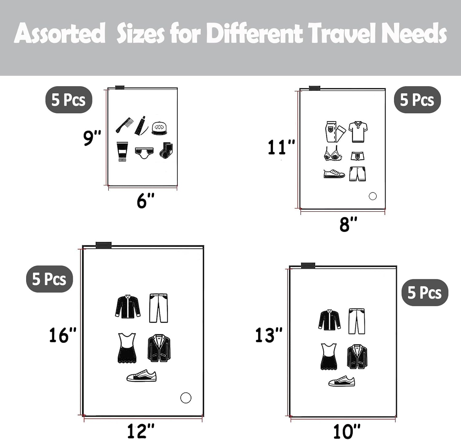 (20 pcs Value Pack) Travel Luggage Organizer Bags, Assorted Sizes, 4Mil Resealable Slider Zip Plastic Clothing Packaging, Frosted Travel/Home Storage and organizing Pouches, Space Saver Bag