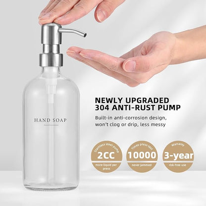 Glass Soap Dispenser - Dish Hand Soap Dispenser Set for Kitchen, Bathroom Soap Lotion Dispenser with 304 Rust Proof Pump, Tray, Clear Bottle/Silver Pump