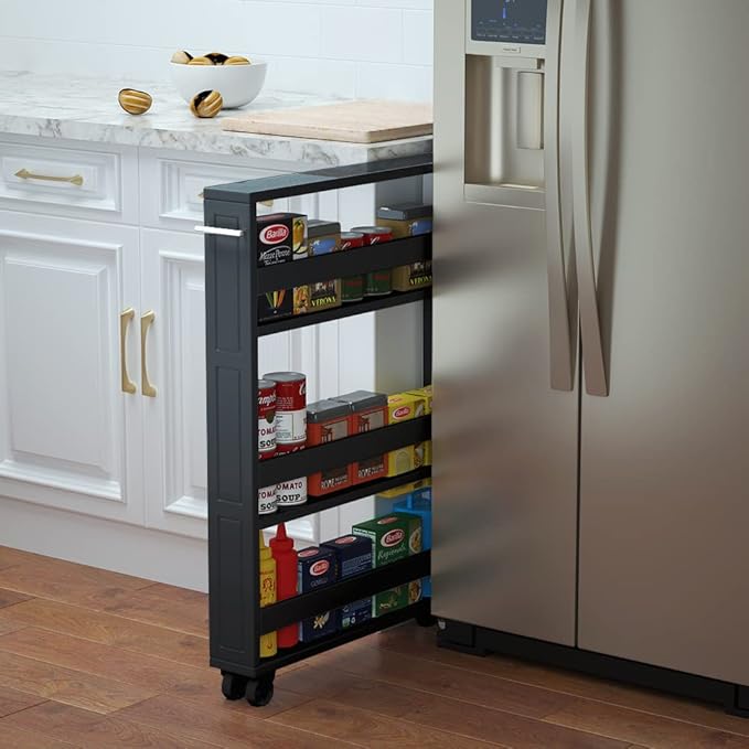 MUSEHOMEINC Compact Space Kitchen Pantry,3-Tier Kitchen Removable Storage Cart, Slim Slide Out Rolling Pantry Shelf for Narrow Spaces（Black）