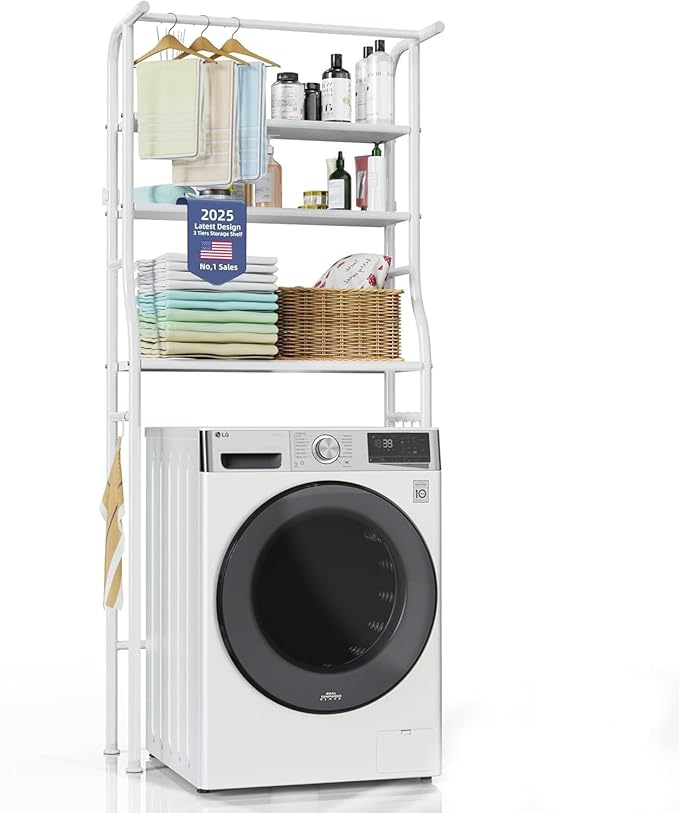 Over The Washer and Dryer Storage Shelf, 3 Tier Laundry Room Metal Drying Rack with Towels Hangers, Space Saver Organizer for Hanging Clothes and Towels (Metal White FA1)