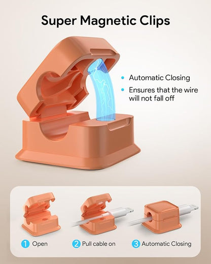 8 Pack Magnetic Cord Organizer, Easy Secure Adhesive Cable Management, Wire Holder Keeper, Hide Or Organize Phone USB Charger Cable, Orange