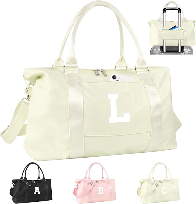 Initial Travel Duffel Bag Sports Gym Bag for Kids Teen Birthday Gifts,Beige Personalized Weekender Bag Carry On Dance Bags for Women Men,Waterproof Monogram Overnight Bag with Trolley Sleeve(Letter L)