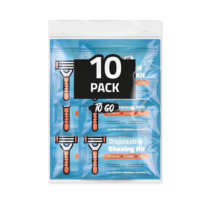 Shaving Kit with Razor, Shaving Cream, Washcloth & Aftershave Wipe – Men’s Travel Shave Set for Hotels, Shelters & Outreach – Disposable Grooming Pack (Blue) (10)