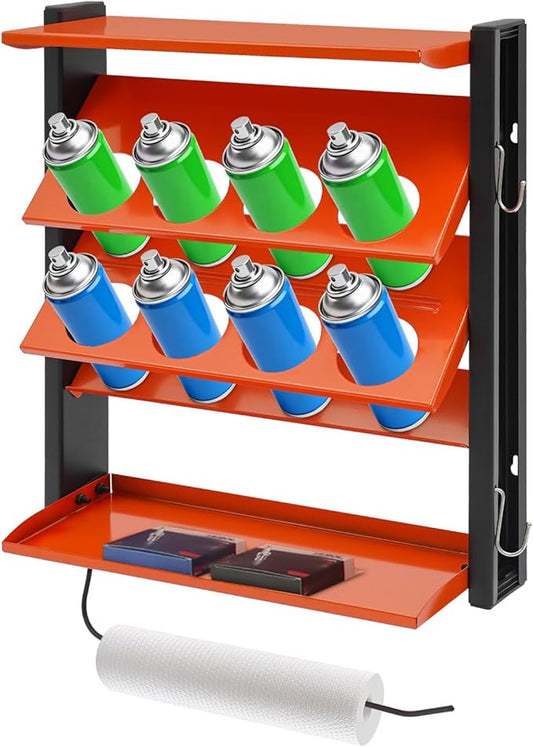 Spray Can Holder, Spray Paint Can Holder Wall Mount, Paint Can Storage Rack for Shop and Garage, Heavy Duty Painting Bottle Organizer, 8 Holes & 2 Shelf, Orange