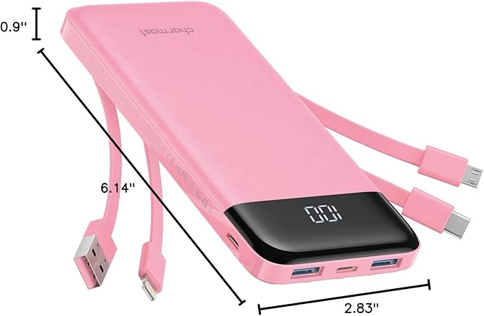 charmast Portable Charger with Built in Cables, Power Bank with Cords Wires, Slim 10000mAh Travel Battery Pack 6 Outputs 3 Inputs 3A Fast Charging for Samsung Google Pixel LG Moto iPhone iPad
