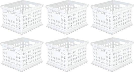 Sterilite Stackable Plastic Storage Crate Bin Organizer File Box with Handles for Home, Office, Dorm, Garage, or Utility Organization, White, 6-Pack