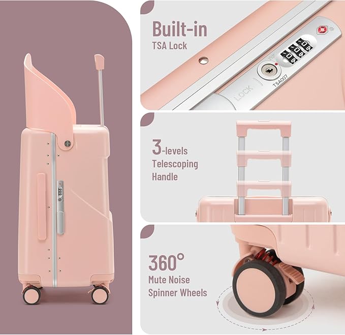 20 Inch Carry On TSA Lock Luggage for Kids& Adult,Lockable Spinner Wheels Free Luggage Cover and Safety Seatbelt Travel Suitcase (Carry-On TSA Luggage with Child Seat Pink)