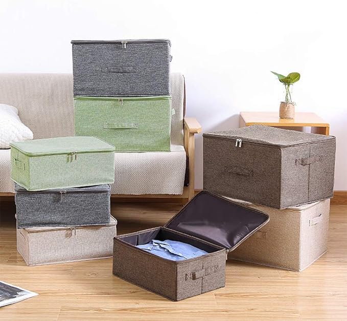 ANMINY 2PCS Storage Bins with Zipper Lids 36 Qt Lidded Fabric Storage Boxes Baskets Cubes with Handles Collapsible Washable Cotton Linen Closet Shelf Clothes Organizer Containers - Coffee, Large