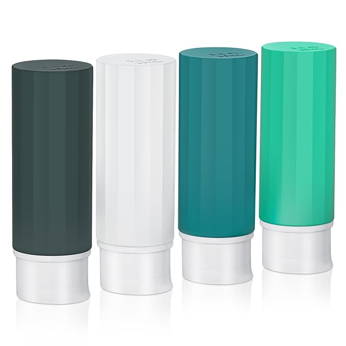 Travel Bottles - 4 Pack TSA Approved Leakproof Silicone Portable Refillable Containers for Shampoo, Conditioner, Body Lotion, Soap (3oz/89ml)