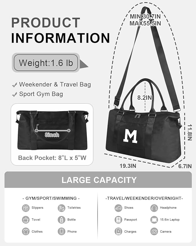 Initial Travel Duffel Bag Sports Gym Bag for Boys Teen Birthday Gifts,Black Personalized Weekender Bag Carry On Tote Bags for Men,Waterproof Overnight Luggage Bag Airplane Travel Essentials(Letter M)