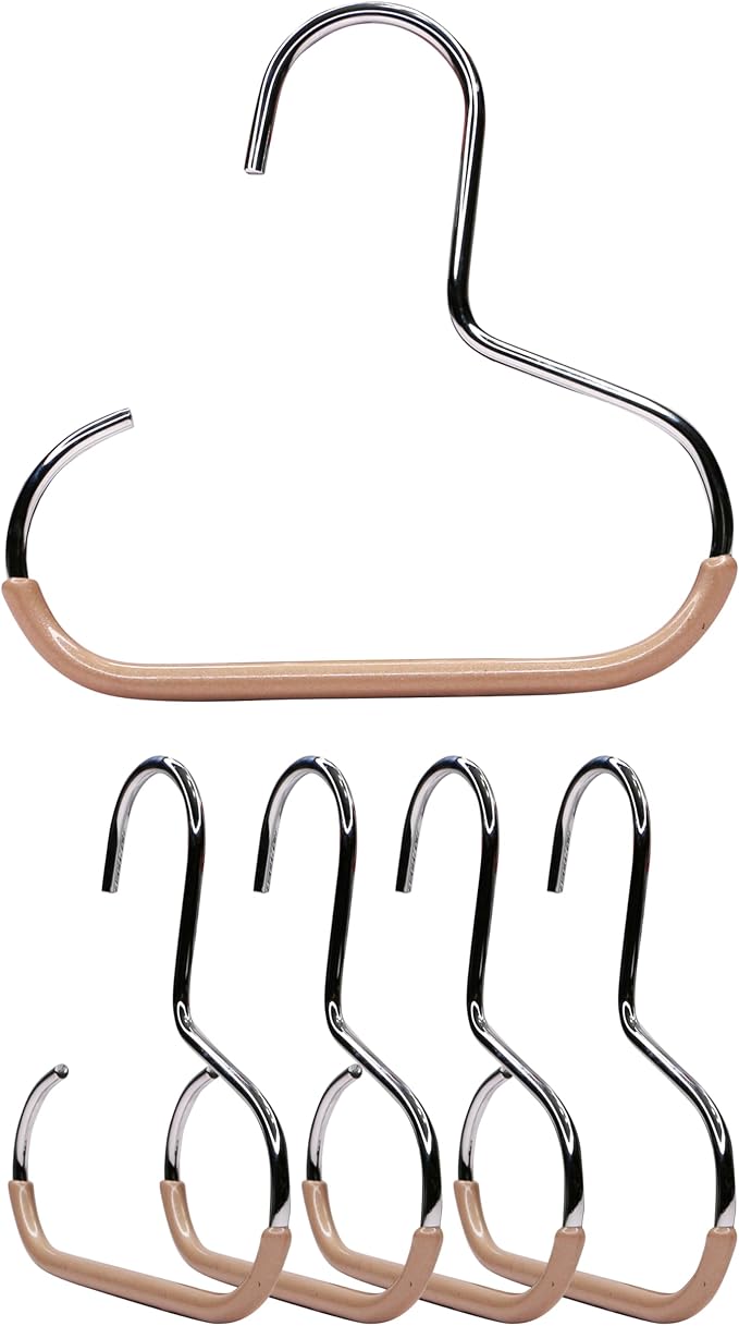 MAWA by Reston Lloyd Scarf, Shawl, Belt, and Accessory Organizer, Non-Toxic Metal Hanger with Grip Coating, Easy Access Open Hook, Model G-1, Space-Saving Design, Set of 5, Latte