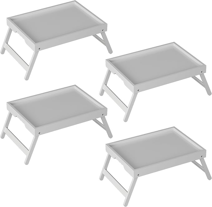 Bed Tray Table with Folding Legs, Bamboo Breakfast in Bed for Kitchen Serving Tray, Sofa, Eating, Used As Laptop Desk Snack Tray (4 Pack, White Color)