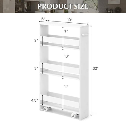 LOKO Slim Storage Cart, 4-Tier Rolling Cart with Handle & Wooden Top for Kitchen Bathroom Laundry Living Room Narrow Small Spaces, 5 Inches Width (Plain White)