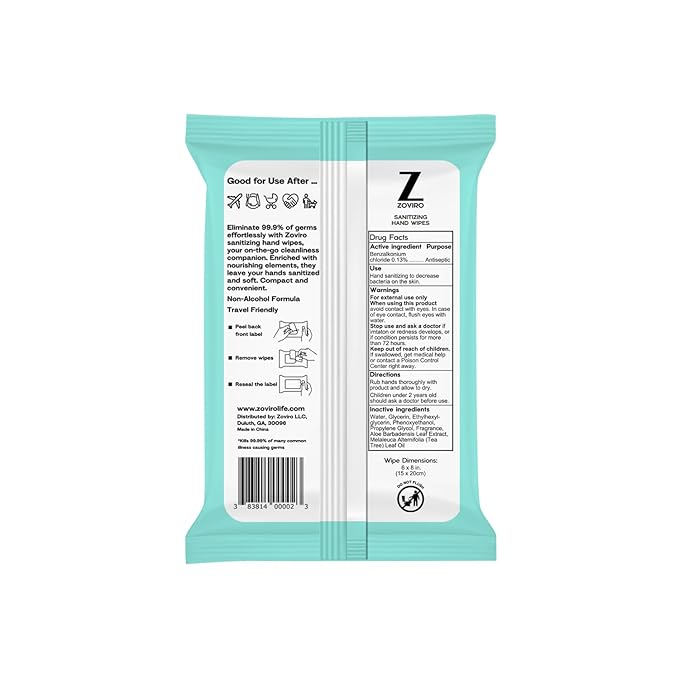 Zoviro Hand Sanitizer Wipes, Moisturizing With Tea Tree Essential Oil, Ultra-Soft 100% Viscose, Hand Wipes Travel Size, Tea Tree Scent, 20 Count (Pack of 10)