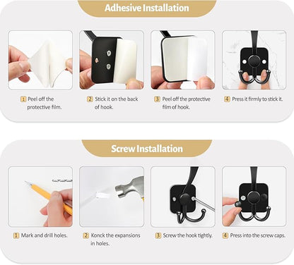 VIS'V 3 Prong Coat Hooks Wall Mount, Metal Self Adhesive Entryway Wall Hooks, 2 Mount Options, Black, 4 Pcs