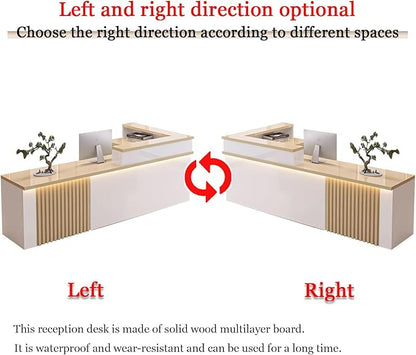 Receptionist Desk with LED Light，Wooden Salon Checkout Counter with Storage Drawer & Keyboard Tray Modern L-Shaped Reception Desk for Barbershop Office Company Store