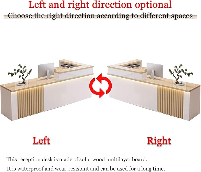 Receptionist Desk with LED Light，Wooden Salon Checkout Counter with Storage Drawer & Keyboard Tray Modern L-Shaped Reception Desk for Barbershop Office Company Store