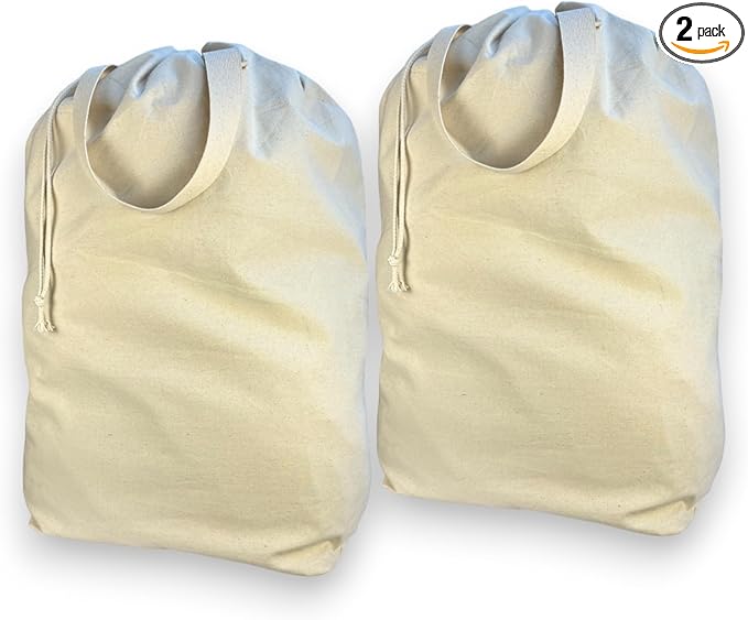 SET of 2-100% Cotton Laundry Bags Extra Large Heavy Duty, Canvas Laundry Bag with 2 Handles and Drawstring, College Laundry Bag, Washable, made in USA.