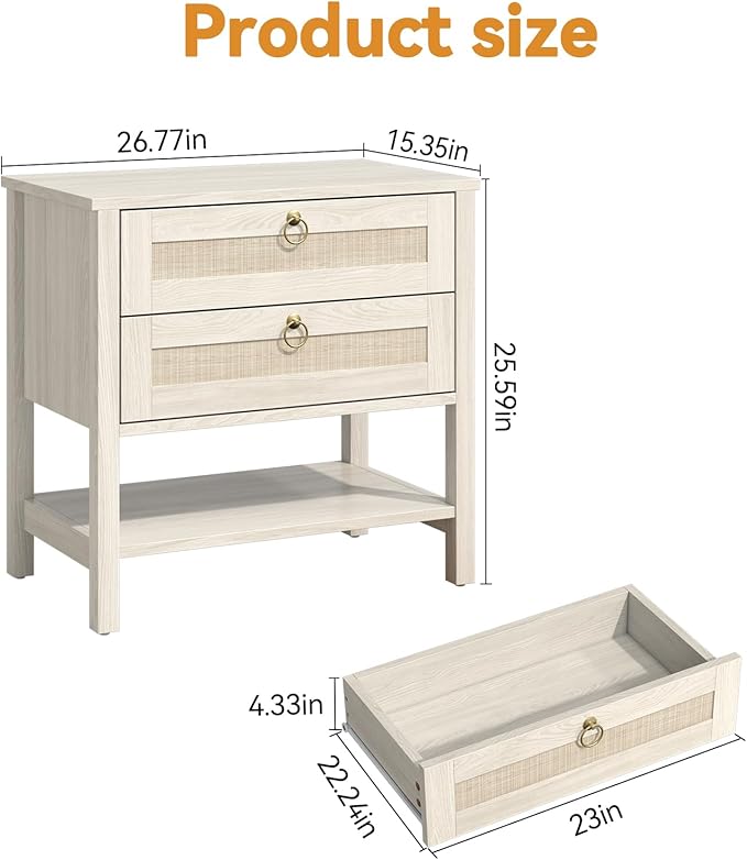 Wooden Nightstand Set of 2, Boho Side Tables with 2 Woven Rattan Drawers and Storage Shelf, Bedside Tables for Bedroom, or Home Office