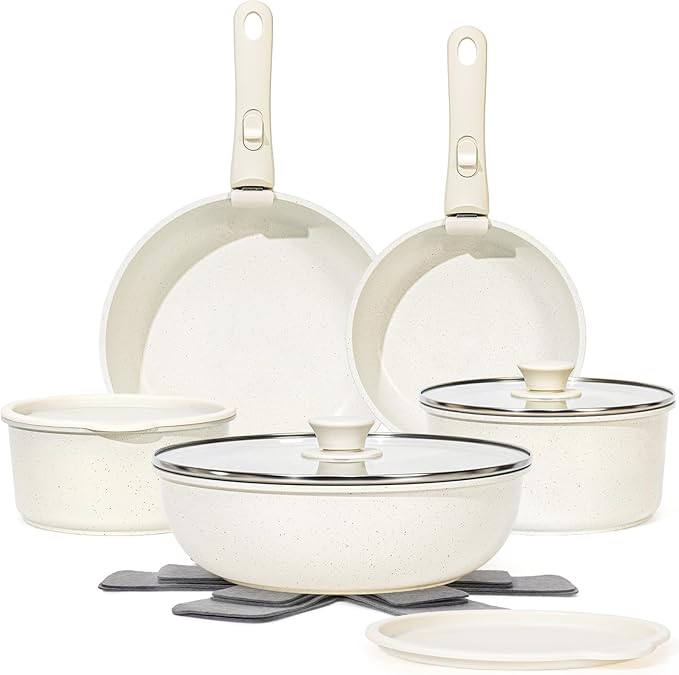 15Pcs Pots and Pans Set Non Stick, Cookware Sets with Detachable Handle, Nonstick RV Kitchen Cooking Tools Removable Handles, Oven Safe, Induction Fast, Stackable Induction Cookware, White