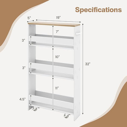 Slim Storage Cart, 4 Tier Rolling Storage Cabinet with 4 Universal Wheels, Convenient Handle, Narrow Laundry Cart for Small Space Bathroom Office