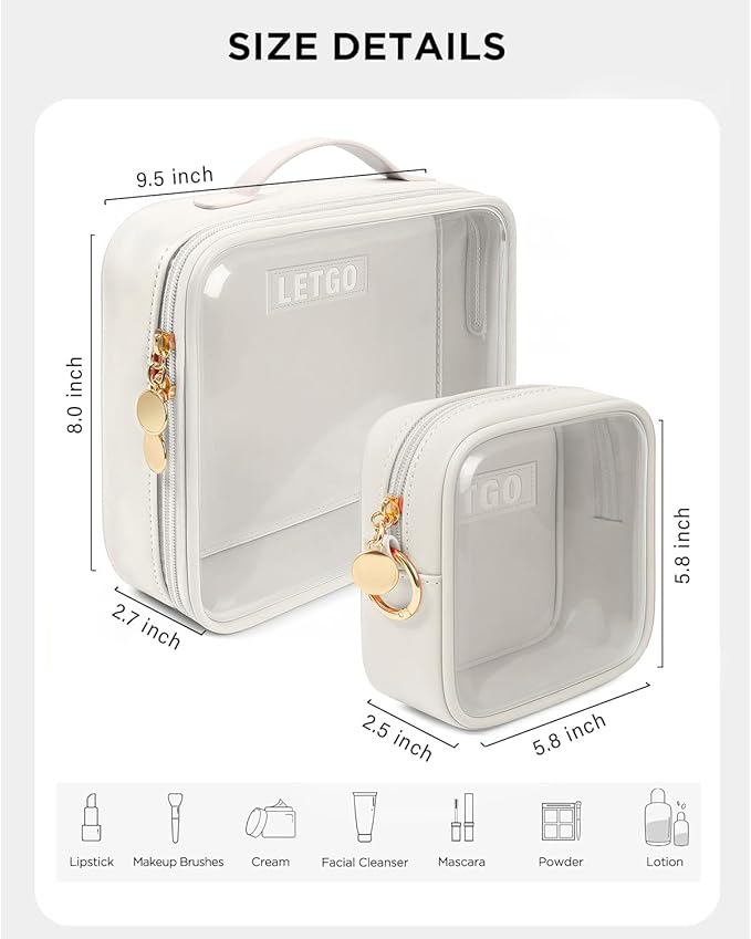 Travel Toiletry Bag,2 Pack Clear Makeup Bags with Handles,180°Opening Clear Cosmetic Bags for Traveling Women,Men,Travel Essentials(Large+Mini White)