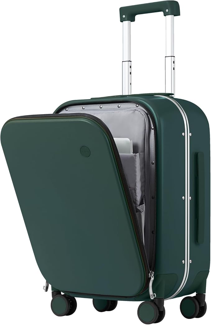 mixi Carry On Luggage, 20'' Suitcase with Front Laptop Pocket, Travel Rolling Luggage Aluminum Frame PC Hardside with Spinner Wheels & TSA Lock and Cover - Blackish Green