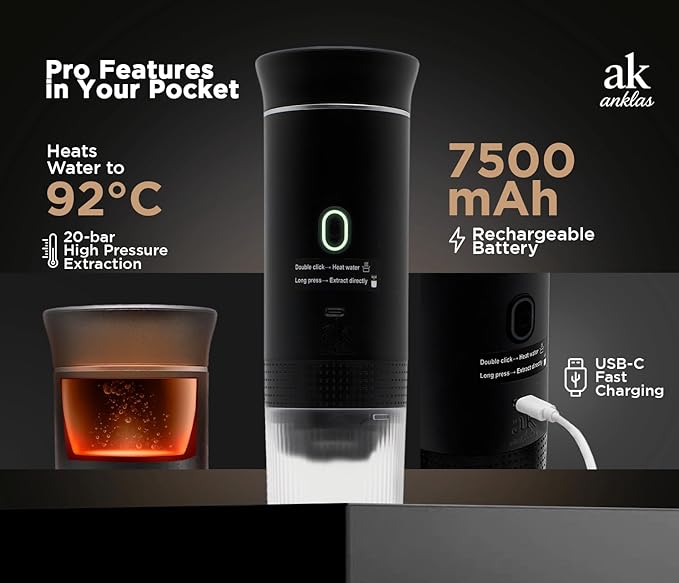 3-in-1 Portable Coffee Maker – Electric Espresso Machine for Travel – Compatible with Ground Coffee, NS & DG Capsules – USB-C Rechargeable Portable Espresso Maker (Black)