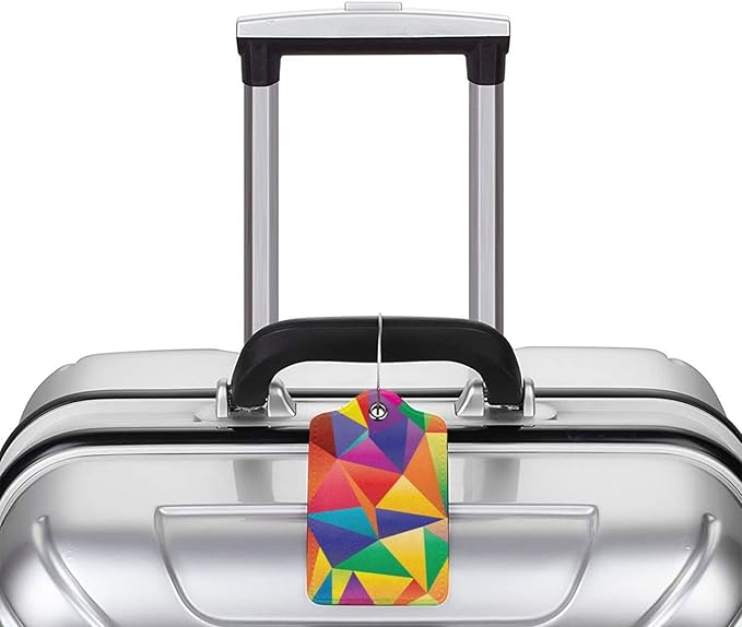 2 Pcs Luggage Tags for Suitcases Unique, Bright Rainbow Leather Baggage Tag with Colorful Geometric Pattern, Identifiers Tags with Privacy Name Address Labels & Durable Steel Loop for Women Men Travel