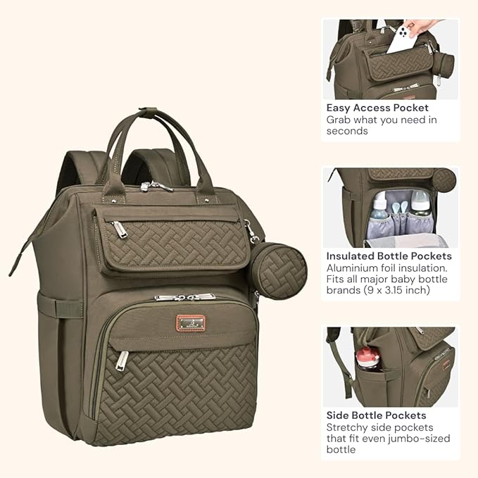 BabbleRoo Diaper Bag Backpack, Multifunction Nappy Changing Bag with Changing Pad, Stroller Straps & Pacifier Case, Unisex Stylish Travel Back Pack for Moms & Dads - Army Green