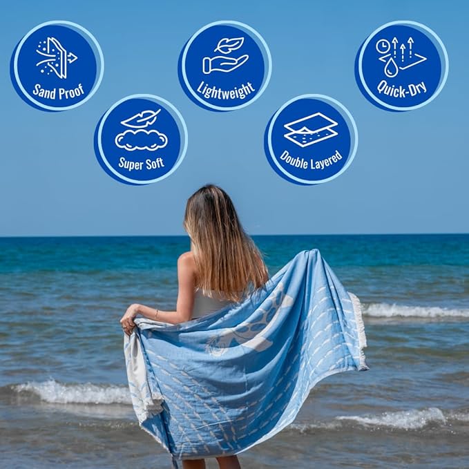 Turkish Beach Towel - 100% Organic Cotton - Soft, Quick-Dry, Sand Proof, Prewashed - Lightweight & Oversized for Beach, Pool, Yoga, Bath, Travel, Gym, Throw - Aegean (Turquoise)