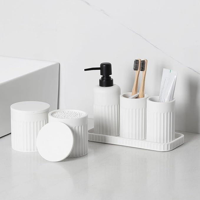 Bathroom Accessory Set - 6 Pieces Bathroom Accessories Set Complete with Soap Dispenser, Toothbrush Holders, Tumbler, Vanity Tray and 2 Qtip Holder for Home Organizer and Decor, White