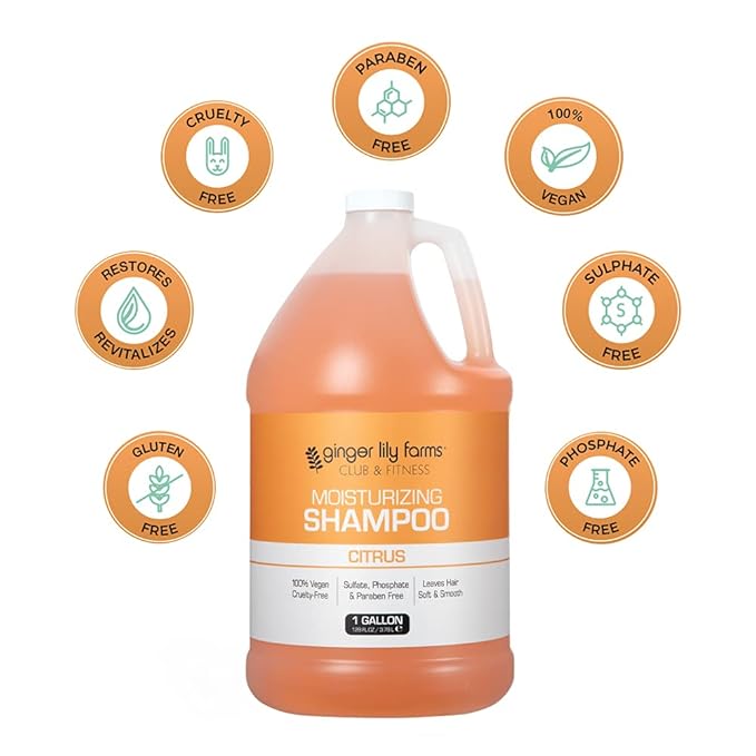 Ginger Lily Farms Club & Fitness Moisturizing Shampoo for All Hair Types, 100% Vegan & Cruelty-Free, Citrus Scent, 1 Gallon (128 fl oz) Refill
