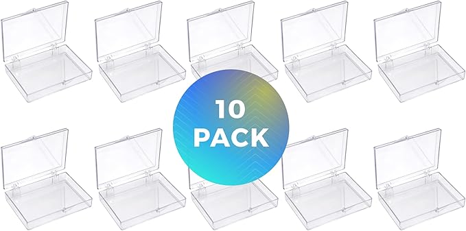 10-Pack Clear Hinged Plastic Containers, Keepsake Storage Boxes, 3 1/2" L x 2 9/16" W x 5/8" H, Made in USA, Plastic Display Case or Small Box for Storage and Organization