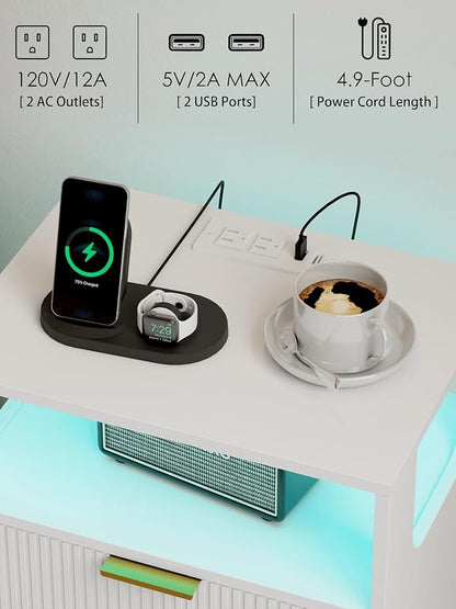 Nightstand with Charging Station and LED Lights, Modern Bedside Table with 2 Storage Drawer and Open Wood Shelf for Bedroom and Small Spaces, Night Stand with Solid Wood Legs